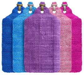 Set of rectangular clothing labels with fabric texture and stitched edges in multiple color variations, displayed on a transparent background. Ideal for fashion design and branding.