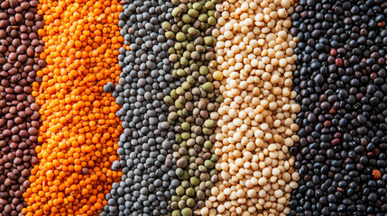 Vibrant Mosaic of Diverse Food Textures Featuring Lentils, Beans, and Spices in Rich Colors and Patterns for Culinary Inspiration and Food Photography