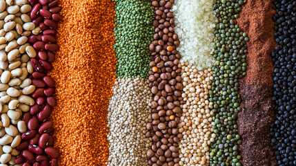 Colorful Mosaic of Food Textures Featuring Lentils, Beans, and Spices Arranged in an Assorted Display for Culinary Inspiration and Recipe Creation
