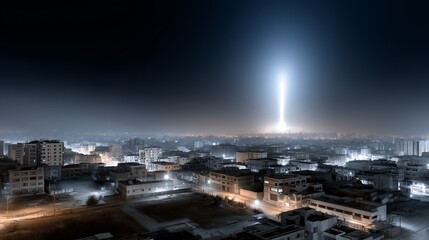 Fototapeta premium Bright light illuminates urban skyline at night in a modern city