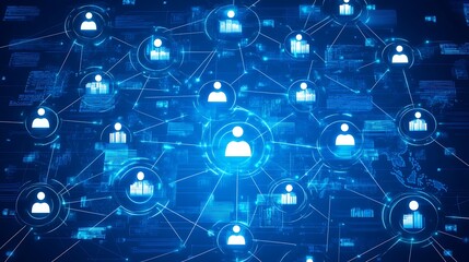 A blue network of people icons connected by lines representing a social media or business network