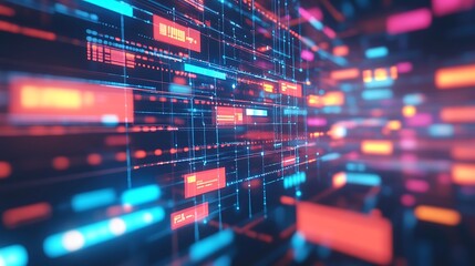 Abstract digital network with glowing lines and blocks in blue, red, and pink colors, data flow
