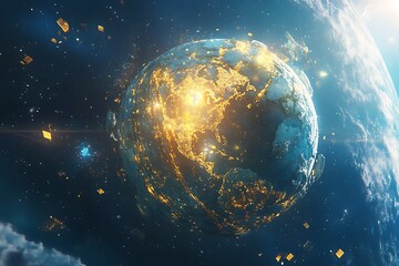 Obraz premium A glowing earth with city lights and debris in space viewed from a cloud covered planet surface