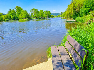 Beautiful views of the spring Berounka river, forest and mountains, Czech.