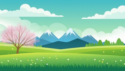 Fototapeta premium spring landscape background with mountain and tree for horizontal design