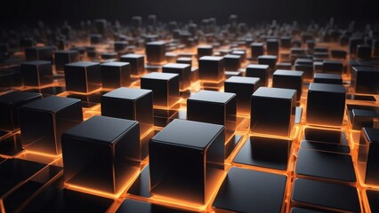 Obraz premium Abstract composition featuring a grid of smooth, matte black cubes arranged in a staggered, geometric pattern on a dark reflective surface.