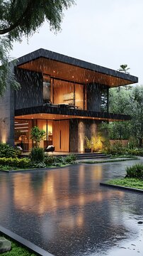 Modern house with flat roof and large windows in the rain with wet driveway and lush green landscaping