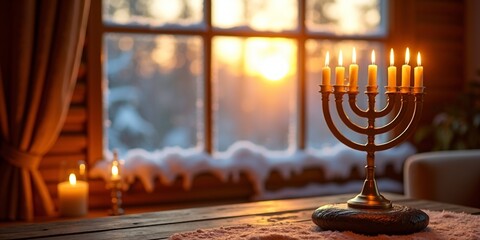 Traditional Jewish Menorah Glowing Warmly on Antique Wood Surface with Winter Snow Outside