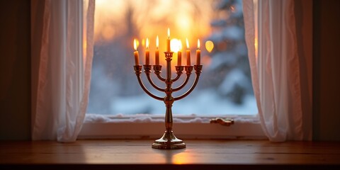 Classic Jewish Menorah with Gentle Candlelight Creating Cozy Ambiance by Snow-Covered Window