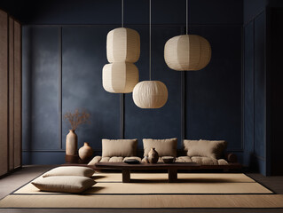 Japandi and wabi sabi style interior in deep indigo and tan, featuring a tatami mat, low-profile furniture, handcrafted paper lighting, subtle texture contrast