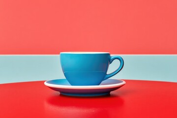Fototapeta premium Blue ceramic cup with white rim placed on a round plate, set against a vibrant red background, showcasing modern design and bold color contrast in a minimalist style
