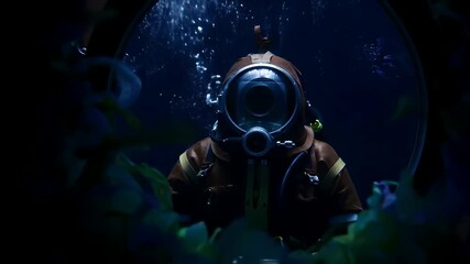 Diver in vintage gear underwater, creating bubbles, ocean exploration, dreamscape, deep sea adventure, nautical history, conceptual art, diving exploration, underwater world, marine life. - Powered by Adobe