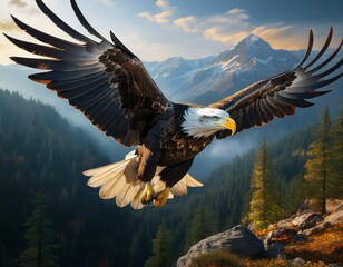 majestic bald eagle soaring over mountainous forest in natural h