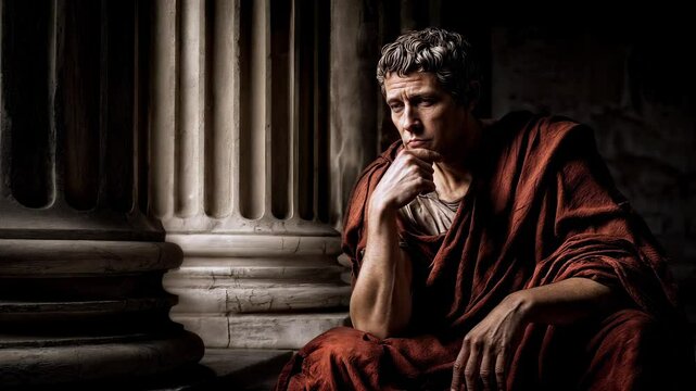 Thoughtful Roman thinker and philosopher in a traditional toga sits near stone columns, reflecting on his fate. This Roman figure of thinker evokes history, philosophy and ancient civilization