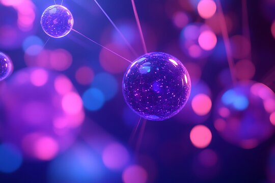 Close up of purple and pink spheres connected by thin lines against a blurred bokeh background
