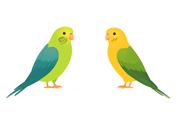 Two budgerigars stand facing each other. The bird on the left is green and blue and the bird on the right is yellow and green. Both are set on a white background.