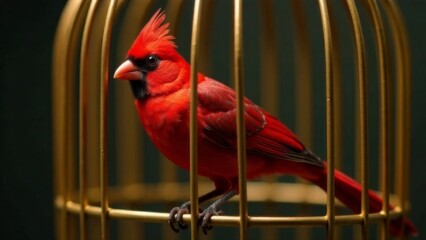 A beautiful red bird is sitting in a bird cage. The background is slightly blurred, which highlights the bird and its cage.