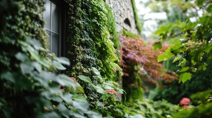 Fototapeta premium Lush Green Ivy Climbing Over Stone Wall with Colorful Foliage in Tranquil Garden Setting