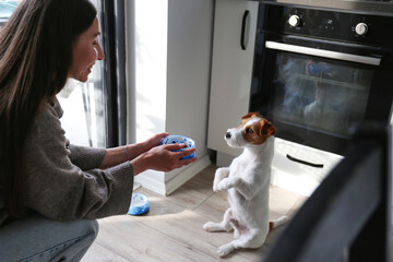 Young woman feeding her dog. Copy space, background.