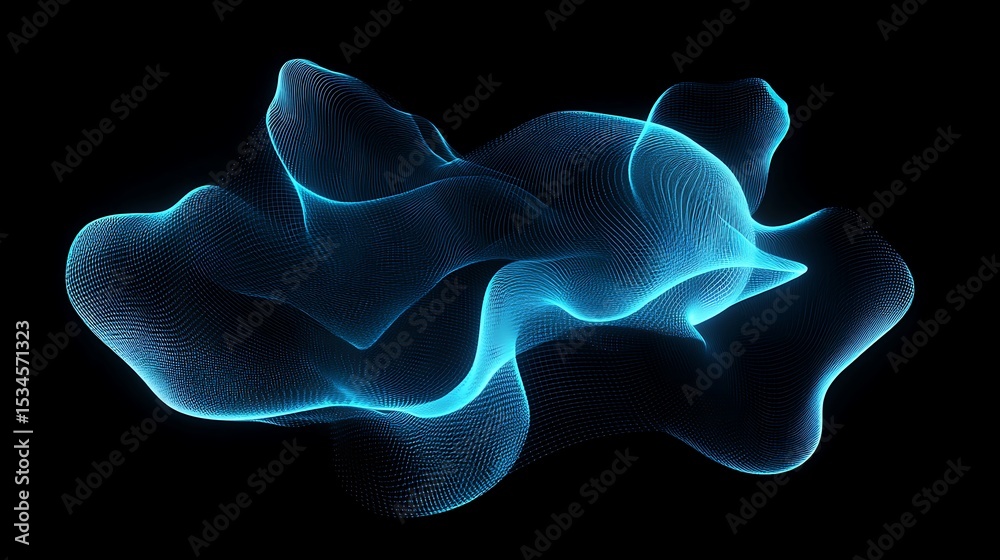 Fototapete abstract blue glowing wave form made of tiny dots on a black background in a digital rendering style