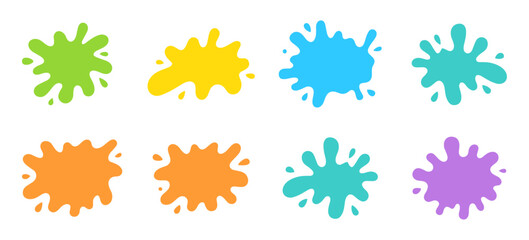Collection of colorful paint splatter blobs in flat style. Abstract splash shapes in vibrant colors. Ideal for art, design, decoration, and backgrounds. Vector illustration on white background.