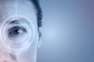 Human eye with digital biometric scanning interface and futuristic HUD elements for secure identity verification on blue background concept.