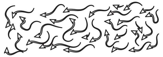Set of squiggle line arrows. Simple line hand drawn curved vector arrows icons