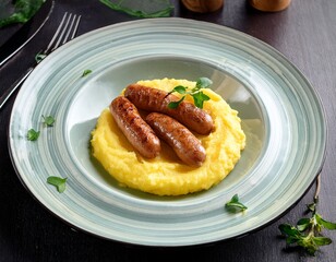 elegant dish of diots sausages with creamy polenta and fresh herbs