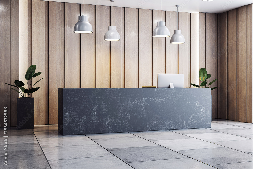Poster Modern minimalist office reception desk with computer and lamps in bright lobby interior with wooden wall and plants. Perfect for workspace branding.. 3D Rendering