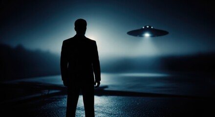 Man in suit silhouette looking at ufo flying saucer with light ray. Alien invasion concept for conspiracy theory and sci fi.
