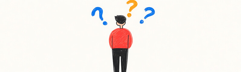 Person with Question Marks:  A person standing with question marks above their head, symbolizing uncertainty and contemplation about choices and decisions.