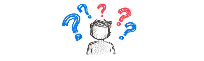 Drawn person surrounded by colorful question marks, reflecting confusion or uncertainty, rendered in a sketch style with blue and red accents.