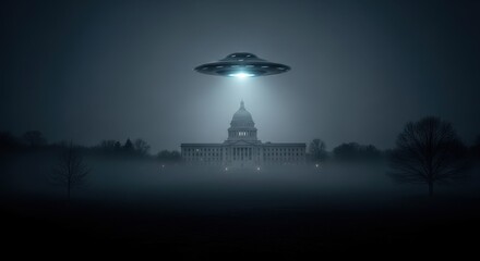 Ufo flying over white house, mysterious spacecraft above capitol hill. Extraterrestrial landing, alien invasion, conspiracy theory, government secret.