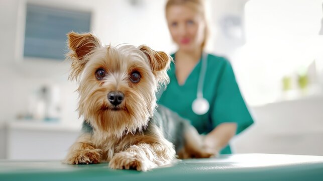 Yorkshire Terrier At Veterinary Clinic With Vet In Background. Pet Health Checkup And Care