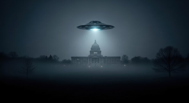 Ufo flying over white house, mysterious spacecraft above capitol hill. Extraterrestrial landing, alien invasion, conspiracy theory, government secret. - Powered by Adobe
