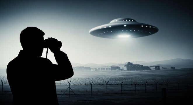 Man in silhouette observes a flying saucer with binoculars above a rumored secret facility. Conspiracy theory or alien invasion event.