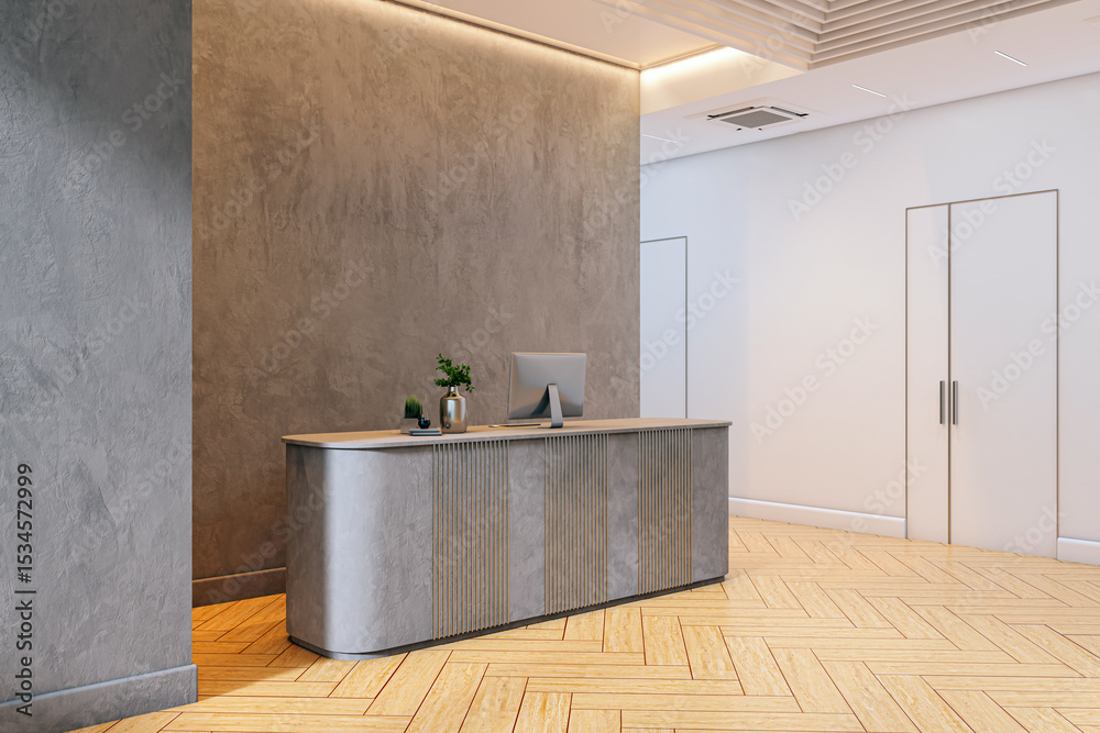 Aufkleber modern minimalist reception desk in contemporary office lobby with wooden flooring and textured wall