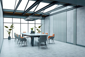 Modern corporate boardroom with skylight ceiling and minimalist design featuring sleek furniture and panoramic city view through glass walls. 3D Rendering