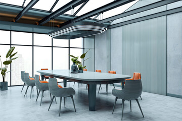 Modern empty corporate boardroom with minimalist furniture, large windows, and a sleek ceiling light fixture in a contemporary office interior setting. 3D Rendering