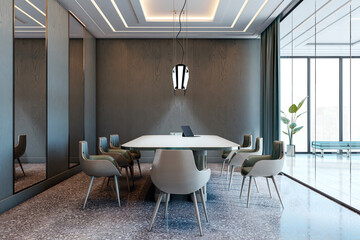Modern luxury boardroom interior with large glass partitions, sleek furniture, and creative ceiling lighting in a bright corporate workspace. 3D Rendering