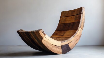 Unique Modern Wooden Rocking Chair with Curved Design Showcasing Natural Grain Patterns and Artistic Craftsmanship