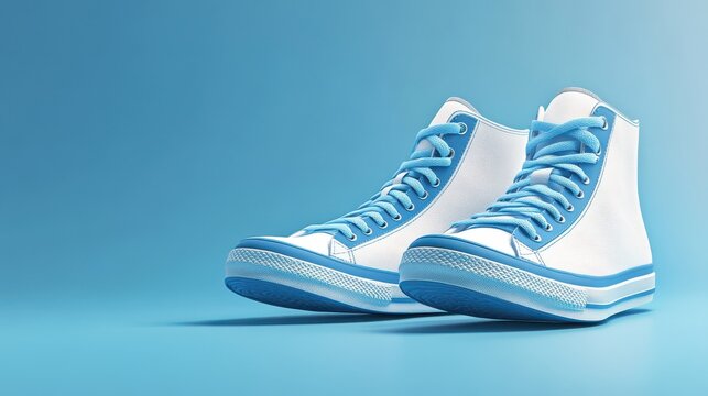 A pair of white high top sneakers with blue accents on a light blue seamless background studio shot