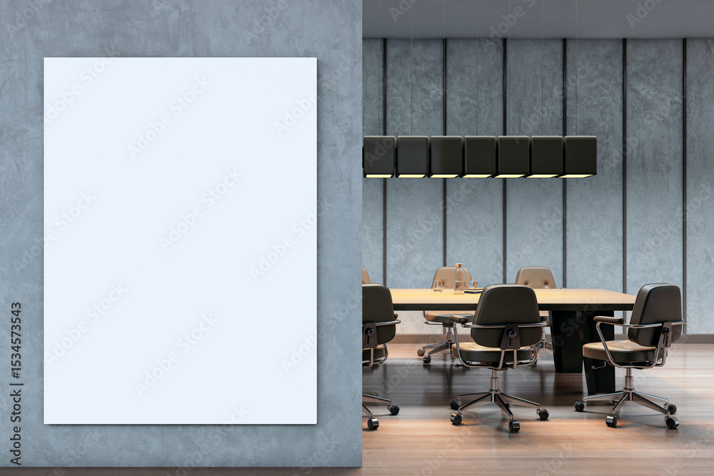 Poster vertical blank canvas mockup on concrete wall near modern boardroom with large table and office chai