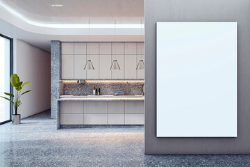 Vertical blank canvas mockup on wall inside modern kitchen interior with beige cabinets, pendant lights, and terrazzo floor design. 3D Rendering