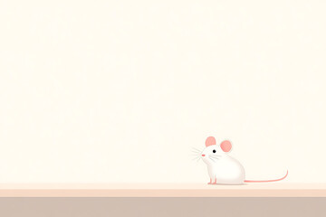 Minimalist illustration of a cute, white mouse with pink ears and tail sitting on a flat surface against a plain, pale background. Simple design. Clean, modern aesthetic.