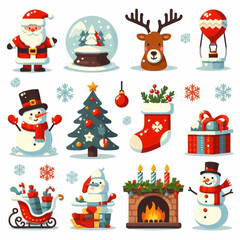 Cartoonstyle Christmas image features festive symbols like Santa snowmen and gifts