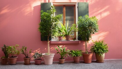 Naklejka premium potted plants by a window on pink wall
