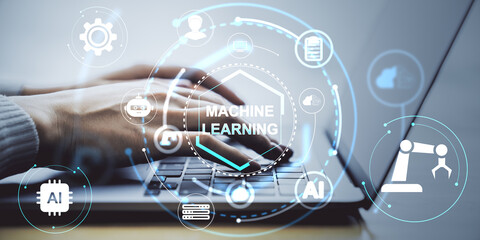 Hands typing on laptop keyboard with machine learning and artificial intelligence icons overlaid on abstract digital tech background.