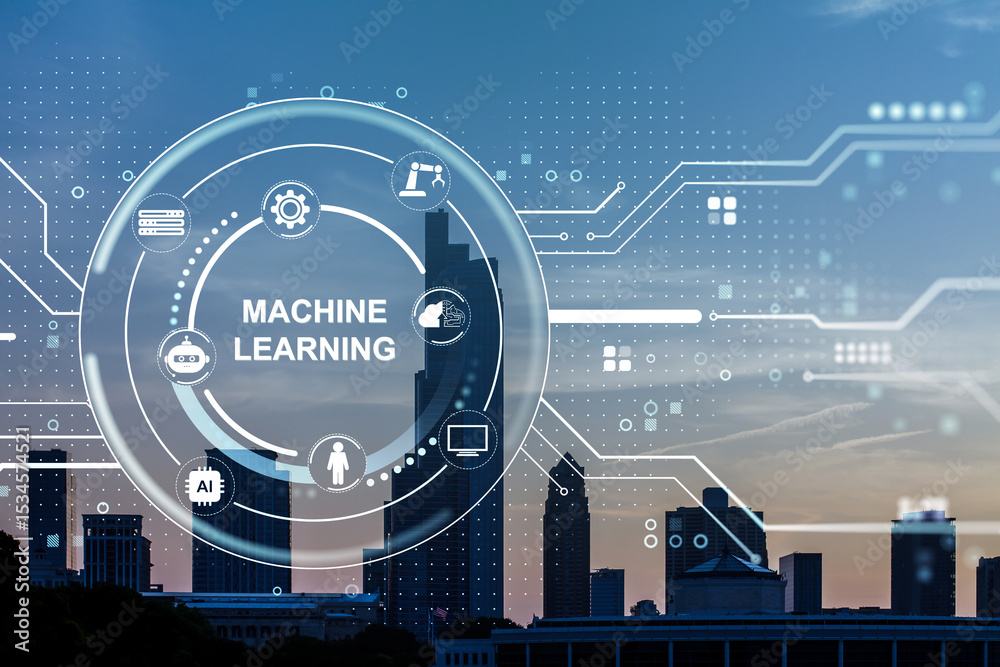 Aufkleber Futuristic machine learning technology interface overlay on city skyline at dusk with abstract digital network and AI system icons around circle hub.