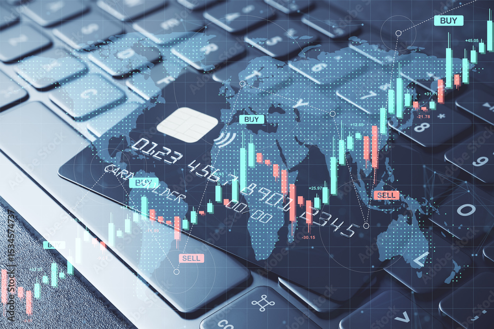Aufkleber Digital credit card on keyboard with forex trading candlestick chart and global financial data overlay in abstract fintech background concept.